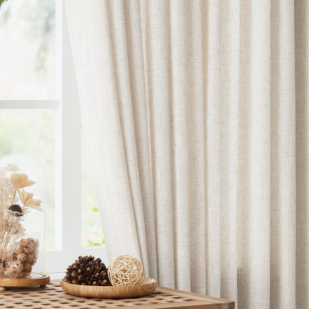 Natural Pinch Pleated Semi Sheer Curtains Textured Linen Blended Light Filtering Window Curtains 90 inch for Living