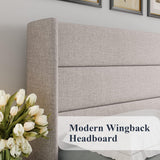 Full Lift Up Storage Bed, Modern Wingback Headboard, Hydraulic Support, No Box Spring Needed, Light Beige