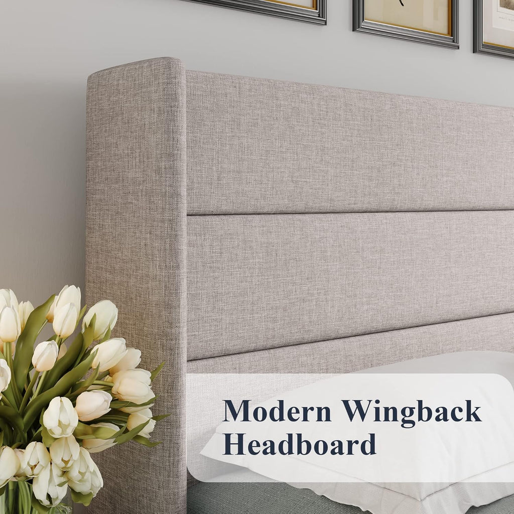 King Lift Up Storage Bed, Modern Wingback Headboard, Hydraulic Support, No Box Spring Needed, Light Beige