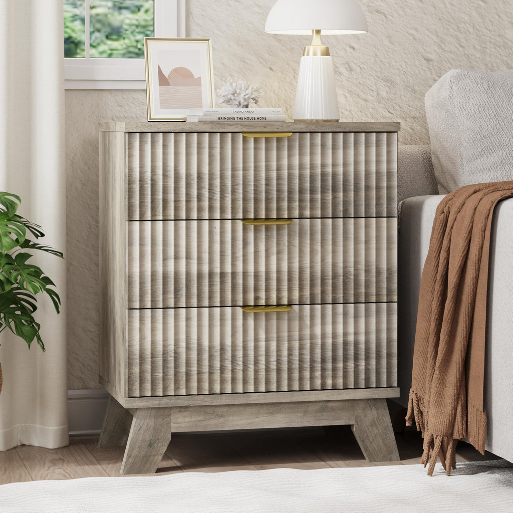 Fluted Nightstand with 3 Drawers, 24" Wide Side Table, Grey