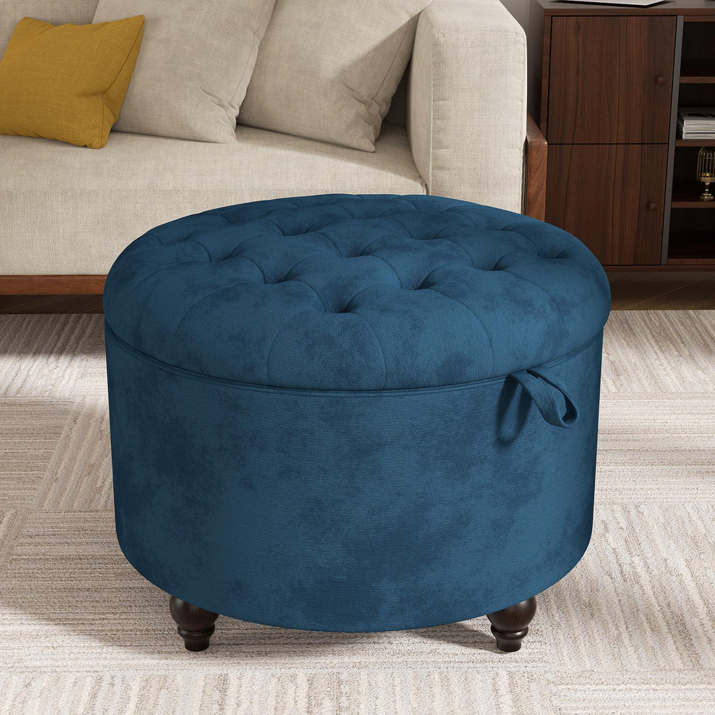 24 Inch Round Storage Ottoman, Modern Tufted Ottomans, Circular Coffee Table with Removable Top, Upholstered Large
