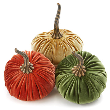 Set of 3 Velvet 6.25 Inch Pumpkins (Rust, Gold, Olive)