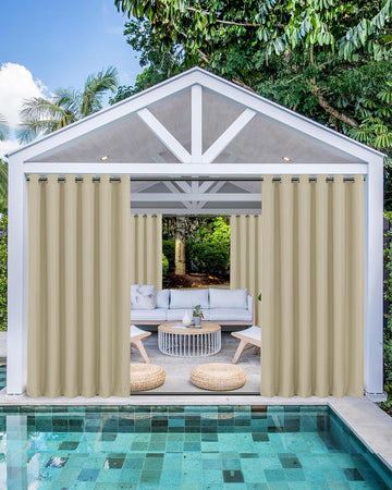 Windproof Outdoor Curtains Waterproof 4 Pcs 110x108 In Cream | Grommet Top and Tab Bottom Outside Drapes,Weatherproof