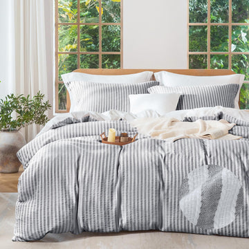 Jacquard Striped Duvet Cover Set 3pcs Dual Zipper Dark Grey