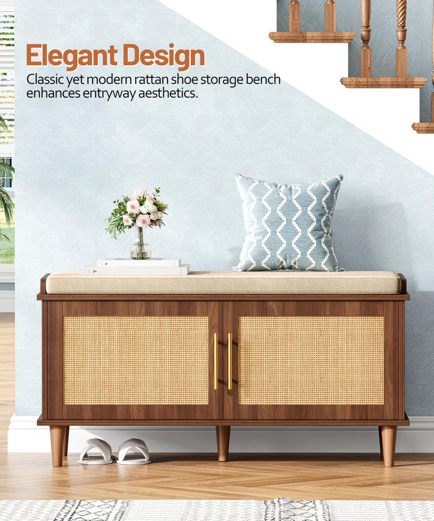 39.4" Rattan Shoe Storage Bench 2 Doors Entryway Bench Walnut