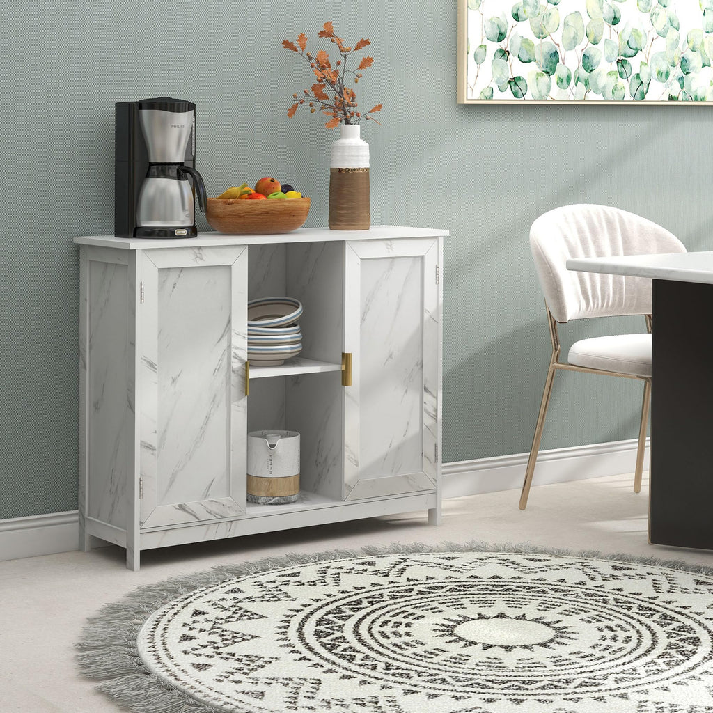 Marble Top Narrow Sideboard Cabinet, White Marble Side Buffet Cabinet