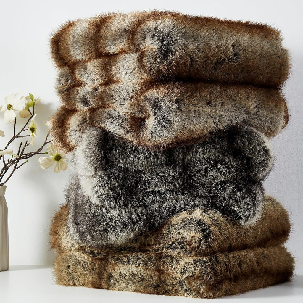 Premium Luxury Fuzzy Animal Skin Faux Fur Throw Blanket 50" x 60", High-end Reversible Cozy Thick Wolf Fluffy Fox
