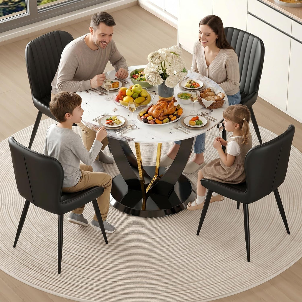 42" Round Dining Table for 4-6, Modern Faux Marble Kitchen Tabletop with Black Wood Pedestal and Gold Metal Frame