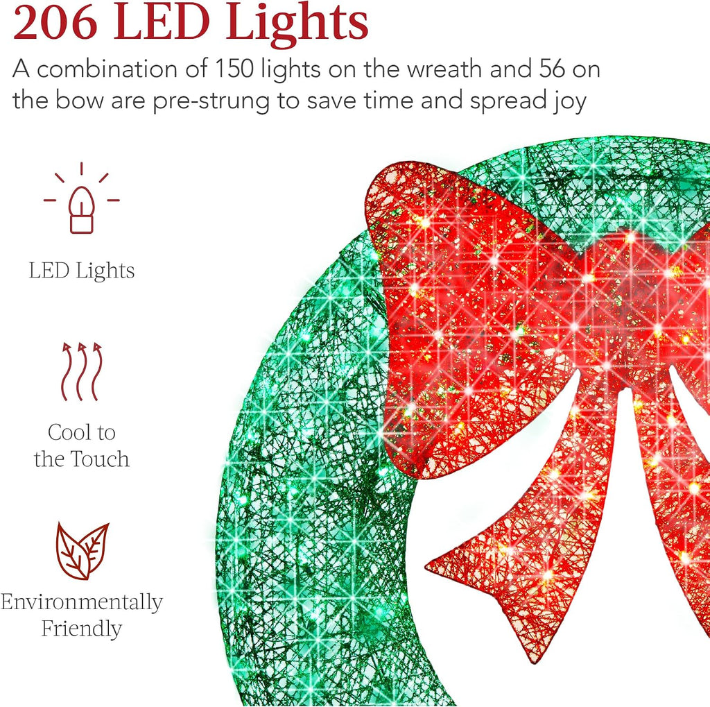 60in Pre-Lit Outdoor Christmas Wreath Decoration, LED Metal Holiday Decor Exterior, Garden w/ 206 Lights, Bow