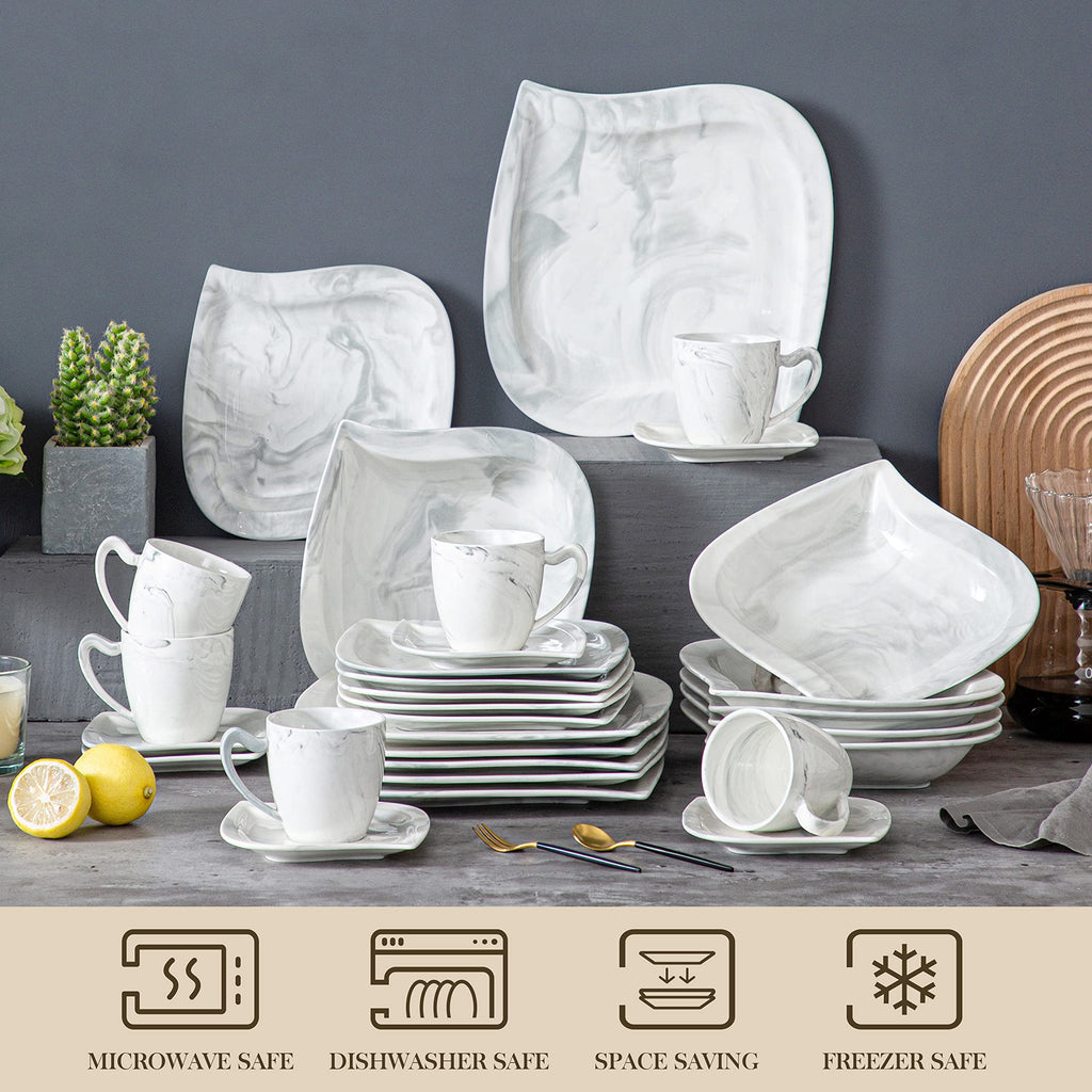 30 Piece Porcelain Dinnerware Set, Marble Grey for 6