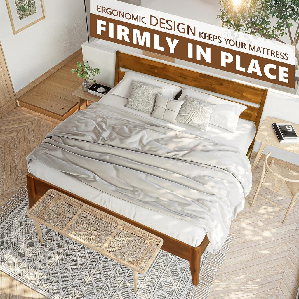 Acacia Emery Bed Frame with Headboard Solid Wood Platform Bed, Queen Bed Frame, Mid - Century Modern Wood Bed