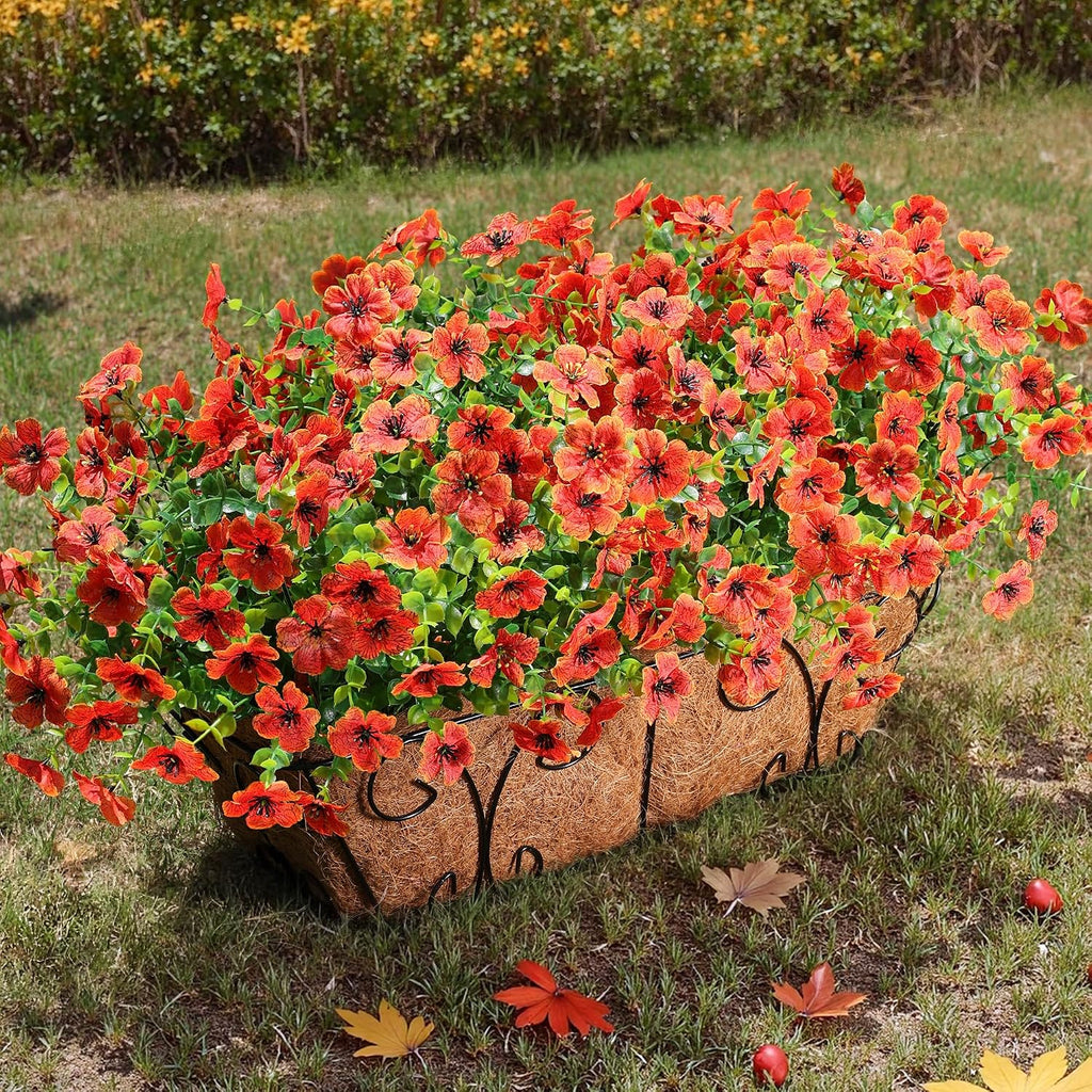 Fall Flowers Artificial Mums for Outdoors Autumn Decor, 12 Bundles Orange Fake Fall Mums with Burgundy Orchid - Set of 13