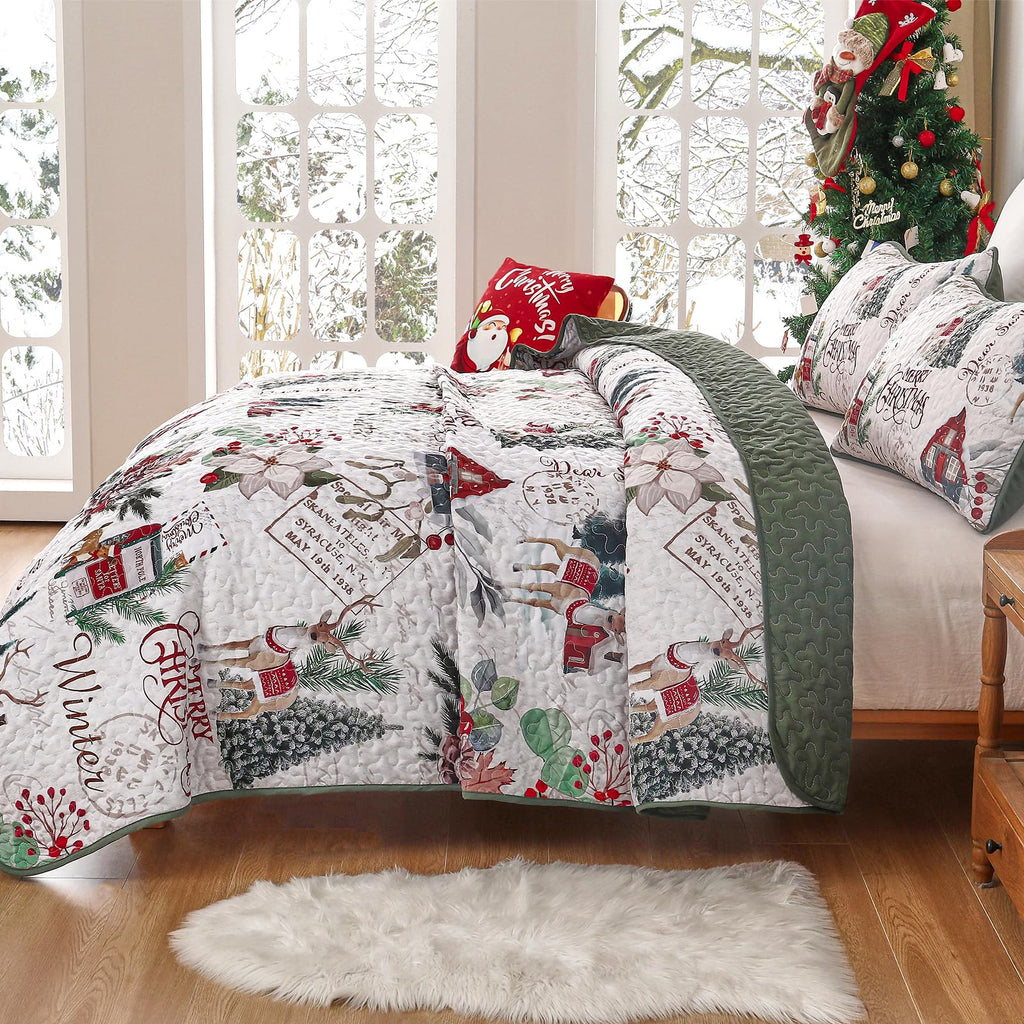Christmas Quilt Set Queen, Xmas Tree Reindeer Christmas Bedding