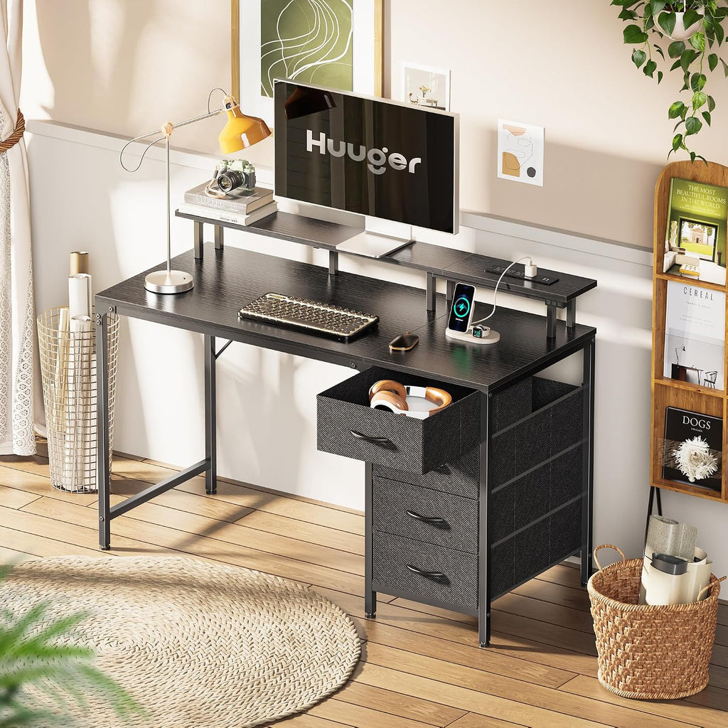 47 Inch Computer Desk with Power Outlets and LED Lights, Gaming Desk with 4 Drawers, Office Desk with Monitor Stand