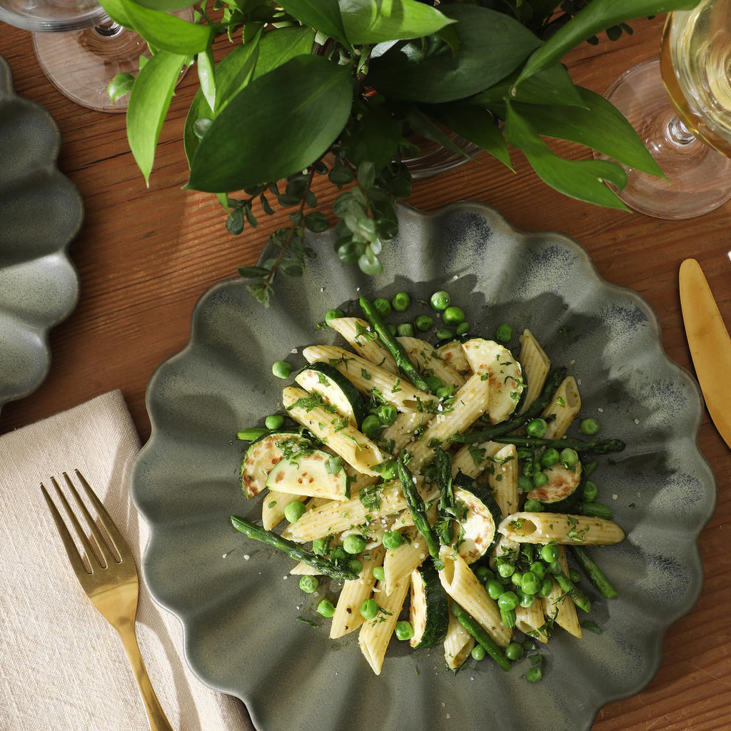 Bistro Fleur Plates and Bowls Sets, 12-Piece Stoneware Dinnerware Set for 4, Matte Green Scalloped Dish Set