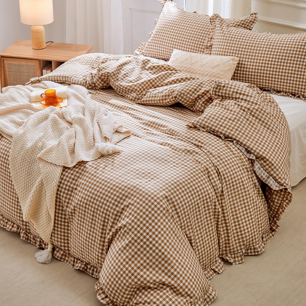 Ruffle Gingham Duvet Cover Brown/White, 100% Cotton