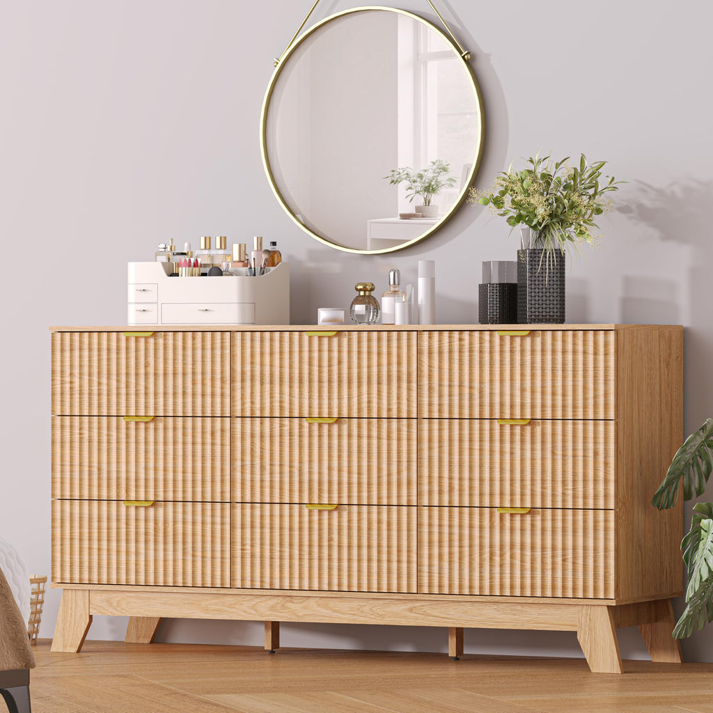 Oak Dresser 9 Drawer Dresser, 57''Wide Fluted Wooden Dresser Storage Cabinet and Chest of Drawers with Metal Handle