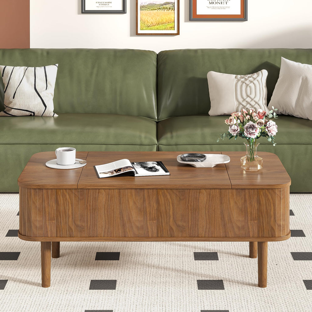 Fluted Lift Top with Storage, Mid Century Modern Small Space, 39.4" Fluted Center Table (Rectangle-Walnut, 39.4inch)
