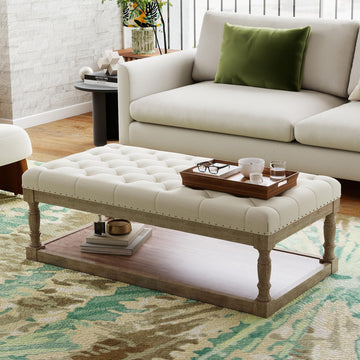 48" Large Ottoman with Storage Coffee Table, Upholstered Tufted Linen Ottoman Bench with Solid Wood Shelf, Holds