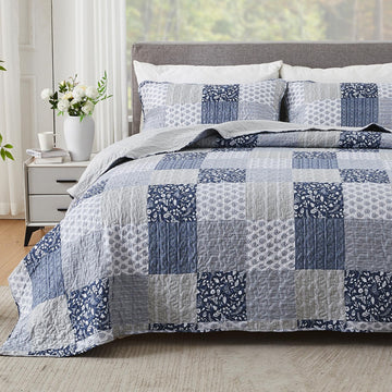 Navy Blue Gray Quilt Set 128x120, 3 Piece Quilted Bedspread Set Patchwork Plaid Bedding Comforter Set