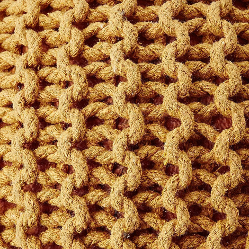 Round Pouf Ottoman - Hand Knitted Boho Poof - Mustard, Set of 2