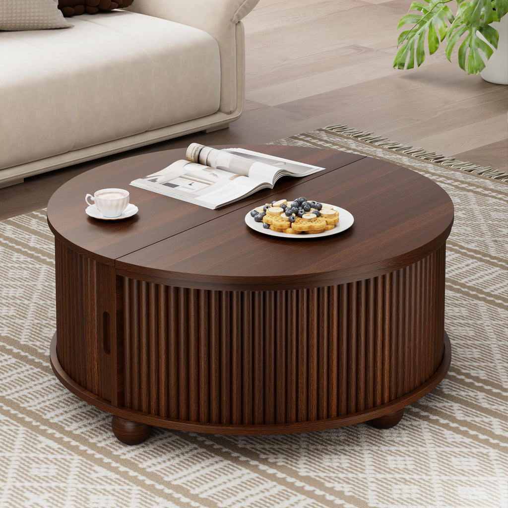 Fluted Round Coffee Tables, 31.5" Mid Century Modern Circle Drum Table with Storage, Accent Coffee Table with Sliding