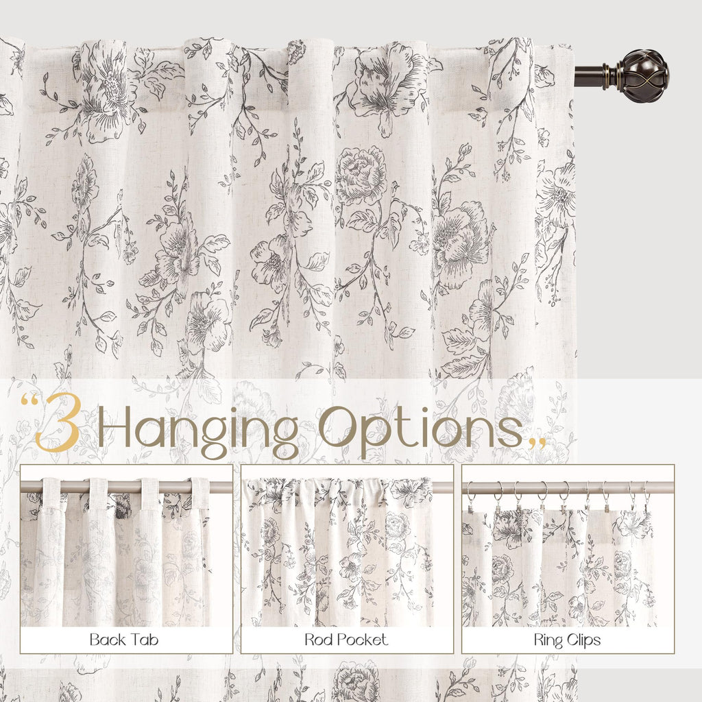 Vintage Floral Curtains 96 inches Long Botanical Patterned Curtains Sketch Print Burlap Textured Farmhouse Country