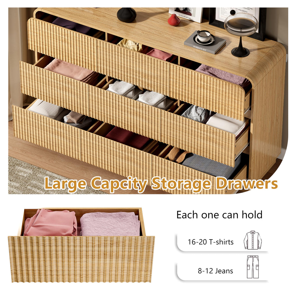 Oak Dresser Fluted 9 Drawers Dresser, 59" Wide Wood Chest of Drawers with Hidden Handles & Rounded Corners, Modern