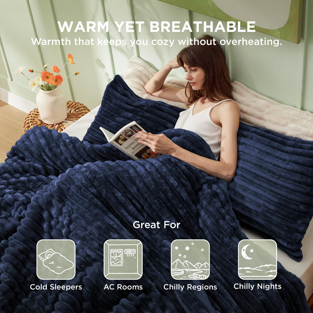 Fluffy Comforter Set, Cozy Fleece Navy Bedding