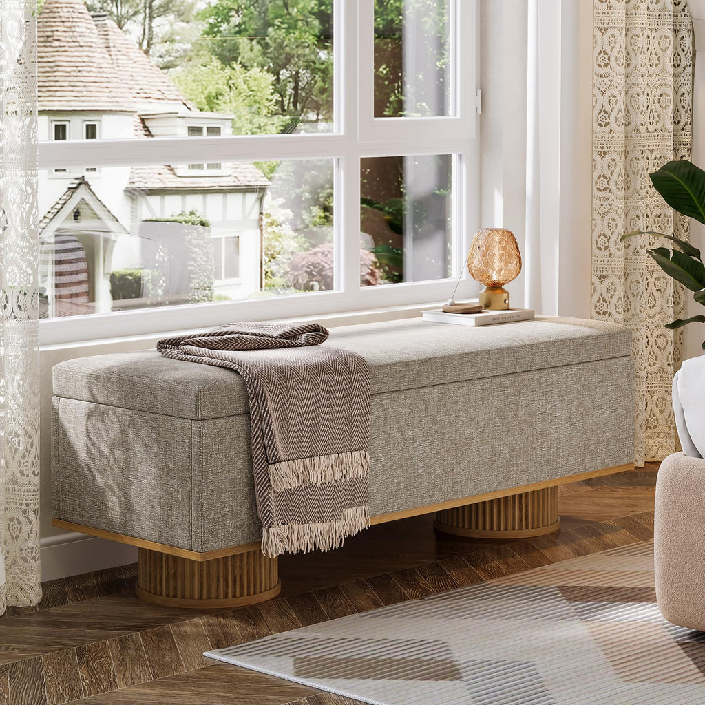 50.39" Storage Bench with Padded Seat Cushion, Upholstered Shoe Bench with Flip Up Storage, Load up to 330 lb, Beige
