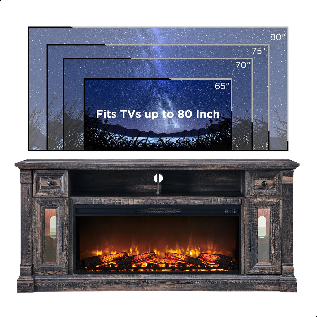 70" Farmhouse Fireplace TV Stand for TVs Up to 80", Dark Rustic Oak