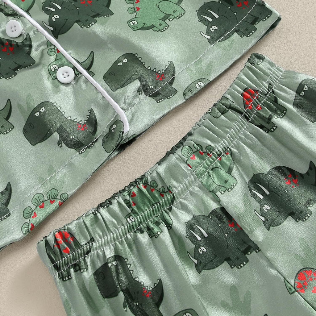Kids Summer Satin Pajamas Sets Toddler Boys Dinosaur Pjs Short Sleeve Silk Nightwear Two Piece Sleepwear Loungewear