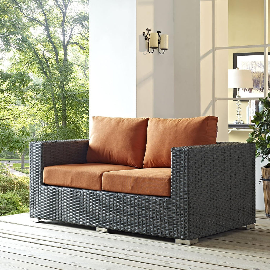 Sojourn Wicker Rattan Outdoor Patio Sunbrella Fabric Loveseat in Canvas Tuscan