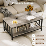 Coffee Table with Slatted Sides Frame, Modern Farmhouse Living Room Table with 2-Tier Storage Shelf, 39 ...