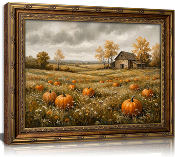 Vintage Gold Framed Wall Art, Pumpkin Farm Canvas Print, Thanksgiving Decor