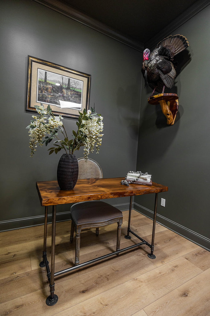 Industrial Pipe Desk Live Edge Top Vintage Table (Honey Pine) - Rustic Live Edge Slab Desk with Steampunk Pipe Legs