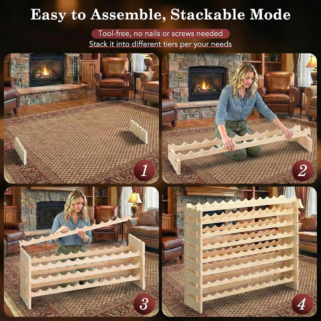 96 Bottles Stackable Modular Wine Rack, 8-Tier Wooden Wine Storage Rack Freestanding Wine Holder Display Shelves