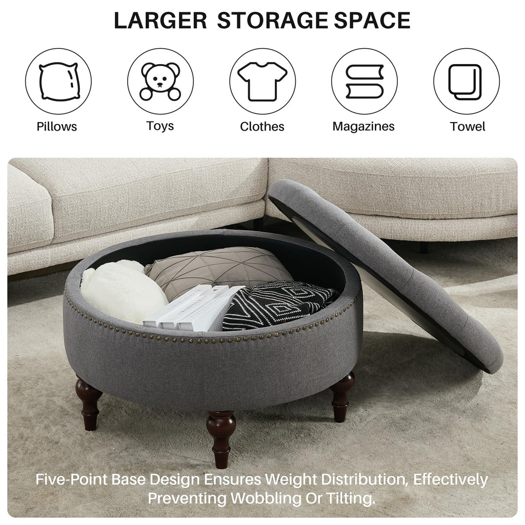 Round Storage Ottoman, Tufted Fabric Coffee Table Footrest, Grey