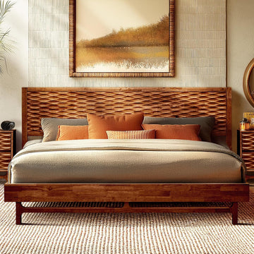 Elara Wood Bed Frame with CNC-Carved Headboard, King Size, Walnut
