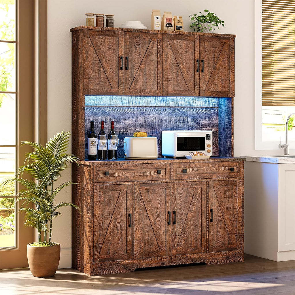 71'' Pantry Cabinet, Kitchen Hutch with Storage, LED & Power, Brown | 2 AC Outlets, 2 USB Ports, 6 Door Shelves, 2