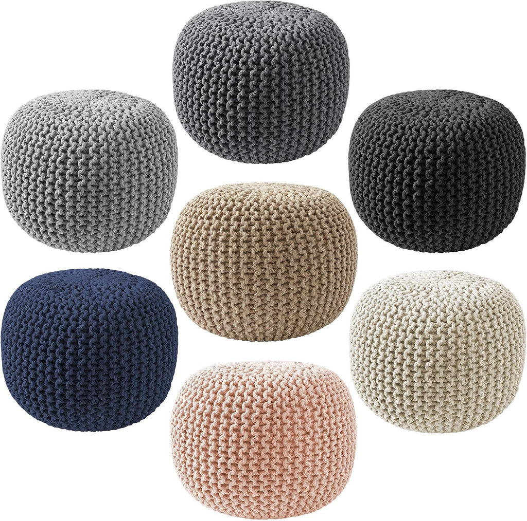 Round Pouf Ottoman, Natural - 20" Diameter x 14.5" High Cotton Knit Foot Stool - Boho Floor Pouffe