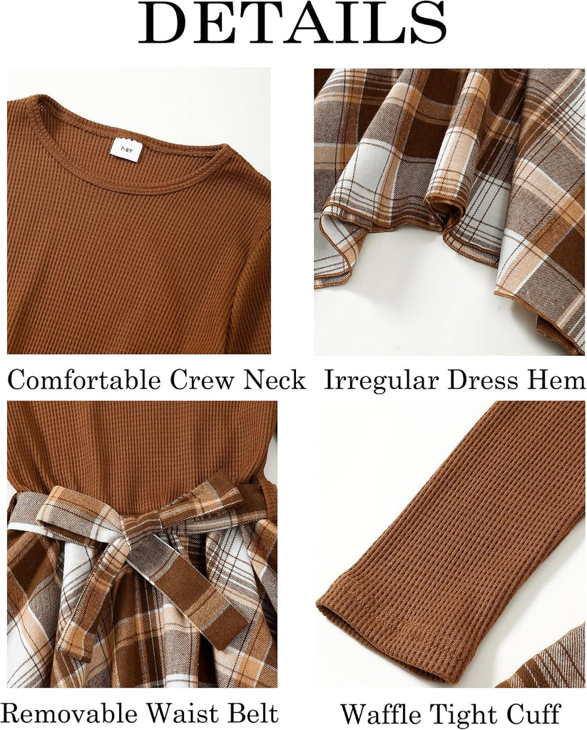 Girls Fall Dress Long Sleeve Casual Plaid Irregular Dresses