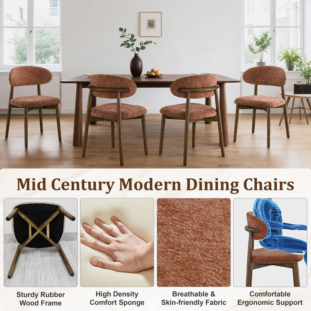 Dining Chairs Set of 4 Mid Century Modern Chenille Fabric Upholstered Kitchen Chairs Wooden Dining Room Chair with