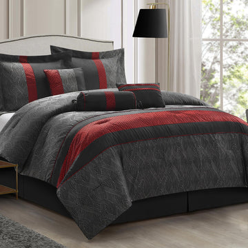 7 Piece Comforter Set, Black Red, Jacquard with Patchwork, Soft and Cozy for All Seasons, Bed in a Bag with