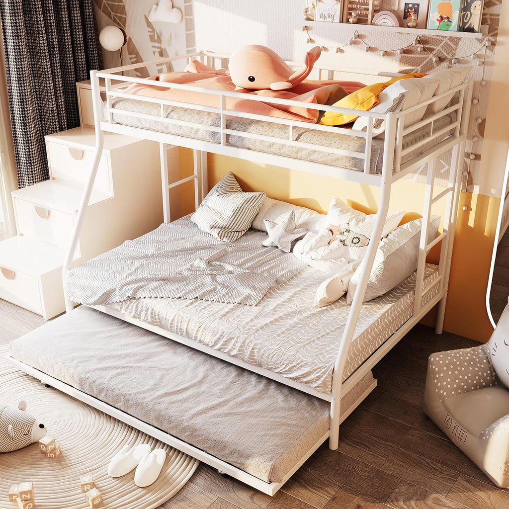 Twin Over Full Bunk Beds with Trundle, Heavy Duty Metal Triple Bunk Bed Frame