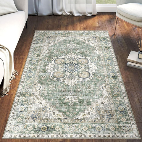 3x5 Washable Area Rug - Small Entryway Rug Non-Slip Sage Green Vintage Oriental Kitchen Rugs Low Pil