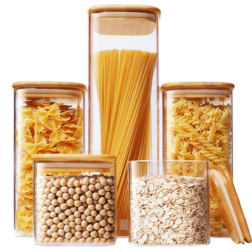 Square Glass Jars with Bamboo Lids [Muti Size Set of 5], Glass Canisters with Airtight Lids, Glass Food Storage