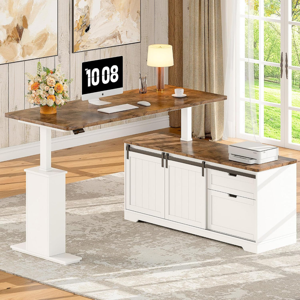 55" Farmhouse L Shaped Standing Desk with Storage Drawers, White | Home Office Electric Remote Work Desk with Cable