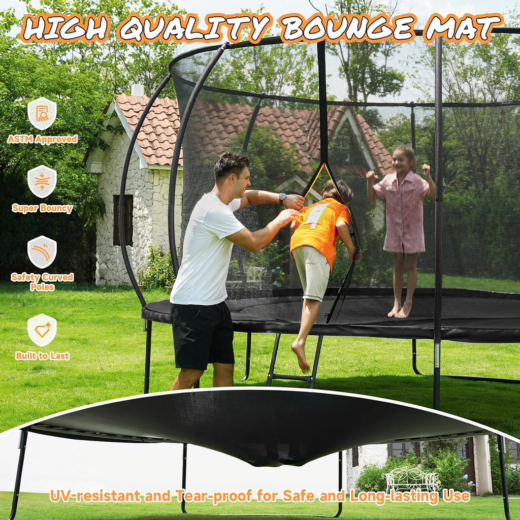 10FT 12FT 14FT 15FT 16FT Outdoor Trampoline with Enclosure Net, Heavy Duty Yard Trampolines, ASTM Approval