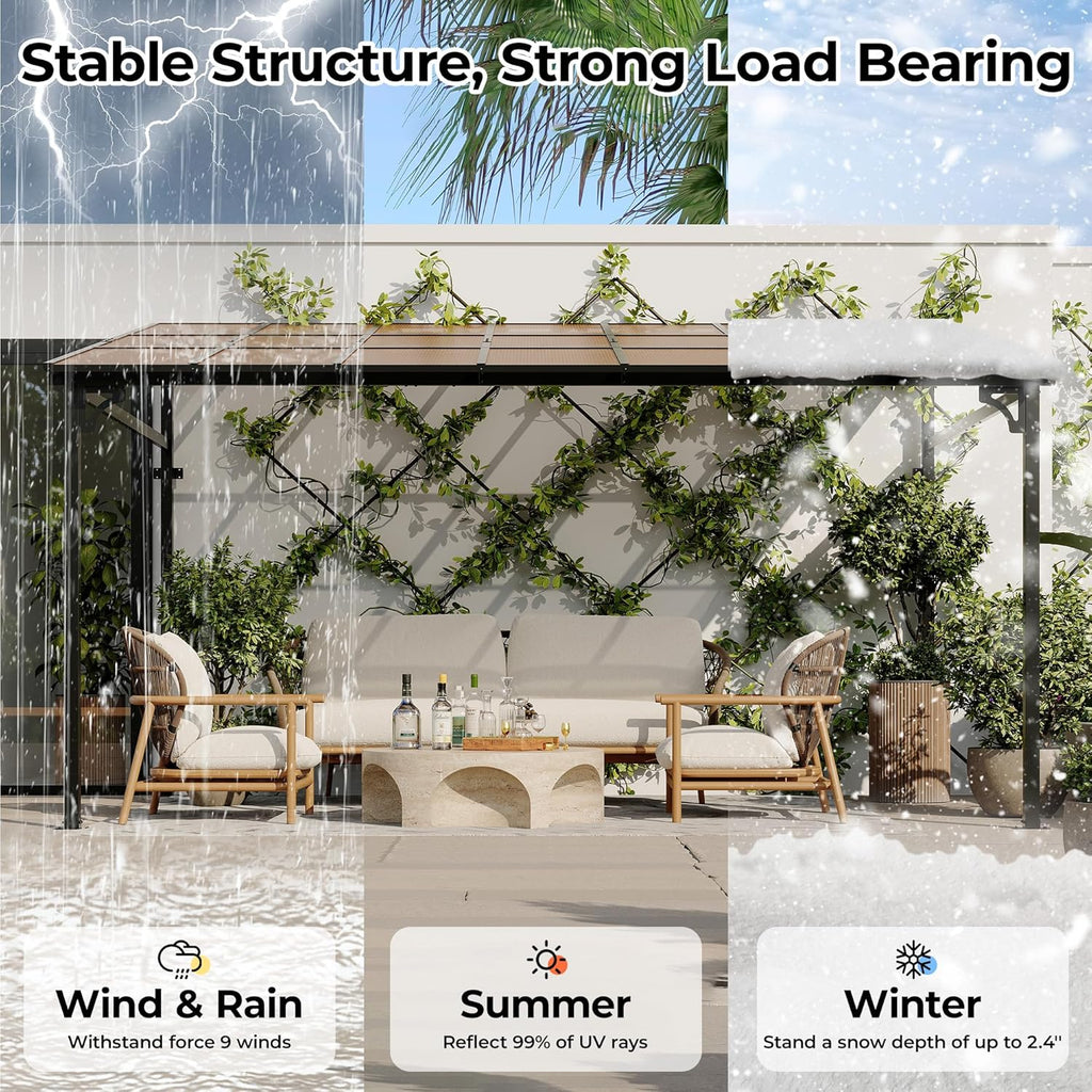 12' x 14' Hard Top Lean-to Gazebo - Aluminum Wall-Mounted Pergola with 6mm Roof Panels, Dark Brown